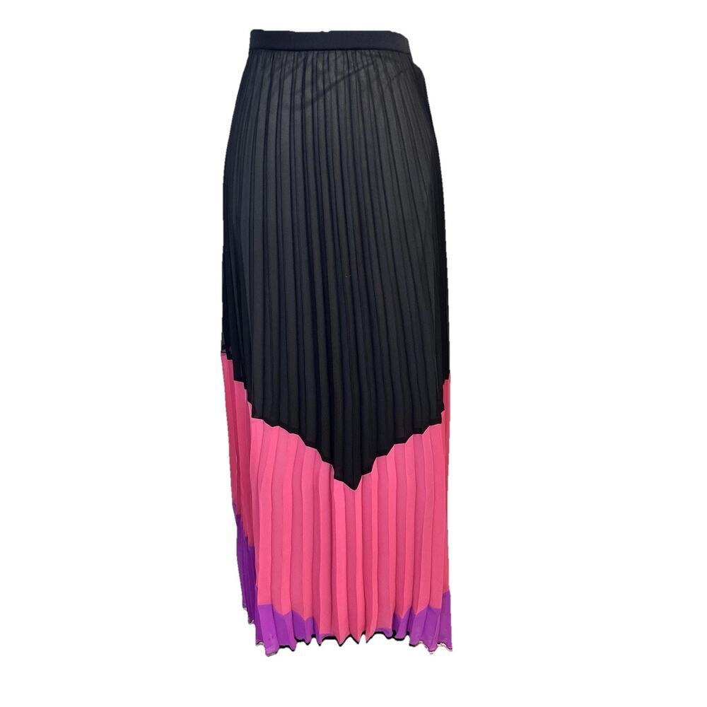 ABS by Allen Schwartz sz Large Long Maxi Pink Black Purple Pleated Sheer Modest